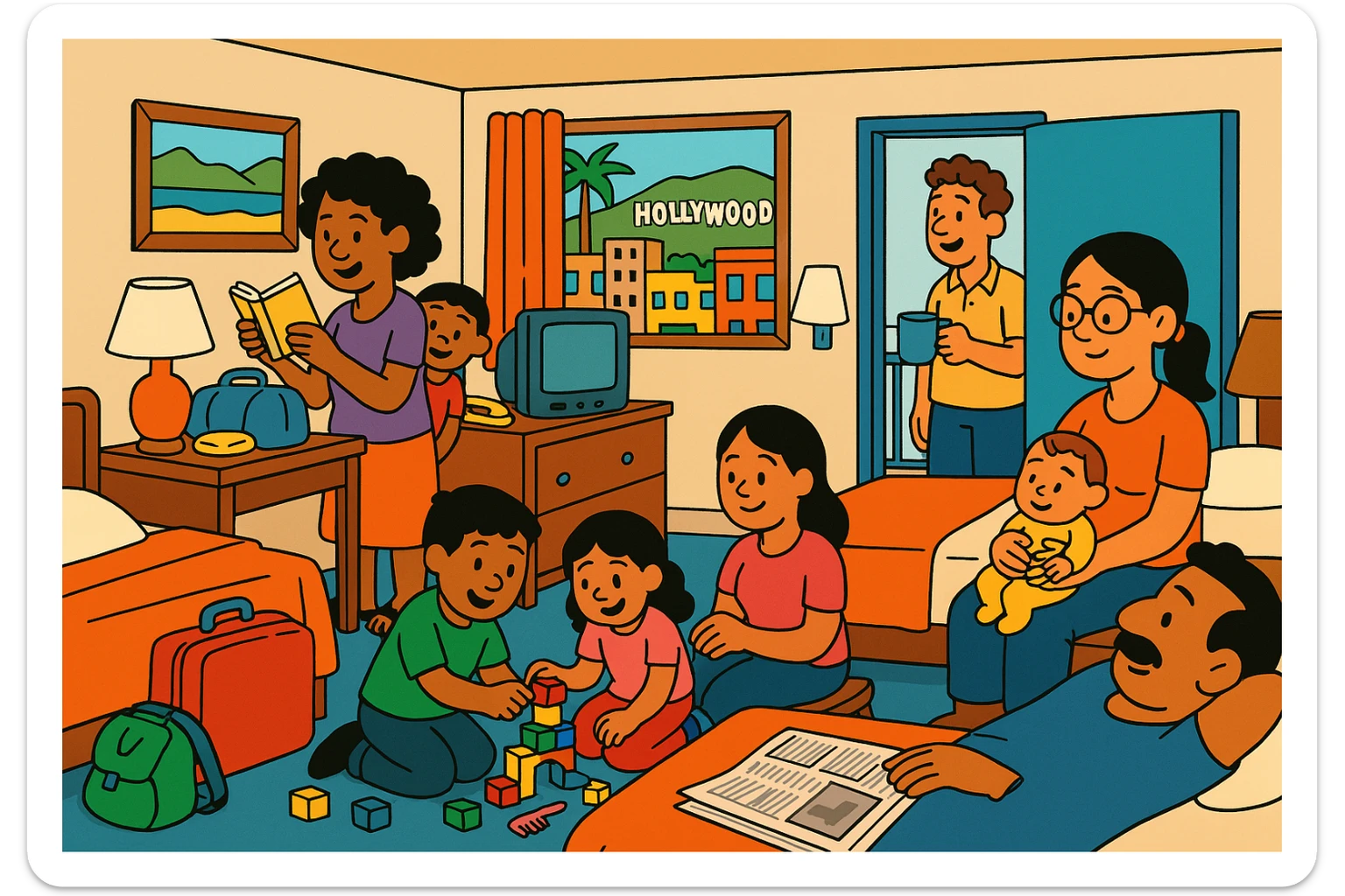 two families living together in a cheap motel room in Hollywood, Los Angeles, California, highly detailed colorful cartoon style sticker