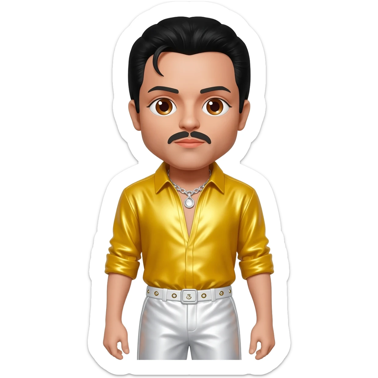 Freddie Mercury with brown eyes, black hair, yellow metallic shirt, white metallic baggy pants, silver necklace sticker