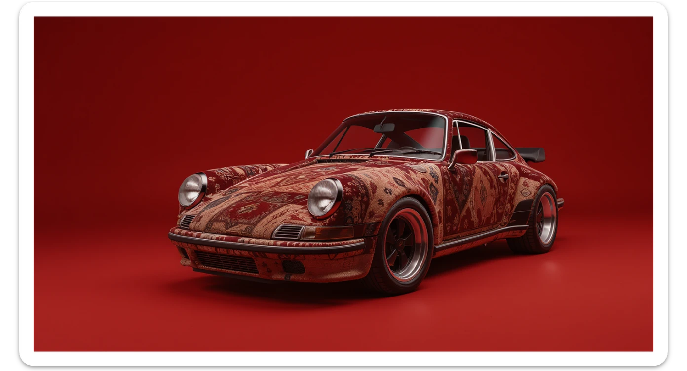 Medium shot of a porsche 911, body of car made of russian carpet with patterns, red solid studio background, low keu light, top soft light, dutch angle,  captured by ARRI 65 sticker