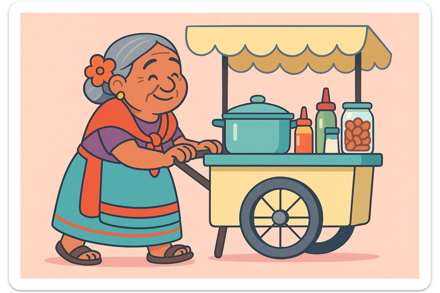 old Mexican lady pushing a food cart, warm and friendly, traditional dress, vibrant colors, street vendor, detailed, no text, pastel toon cartoon style sticker
