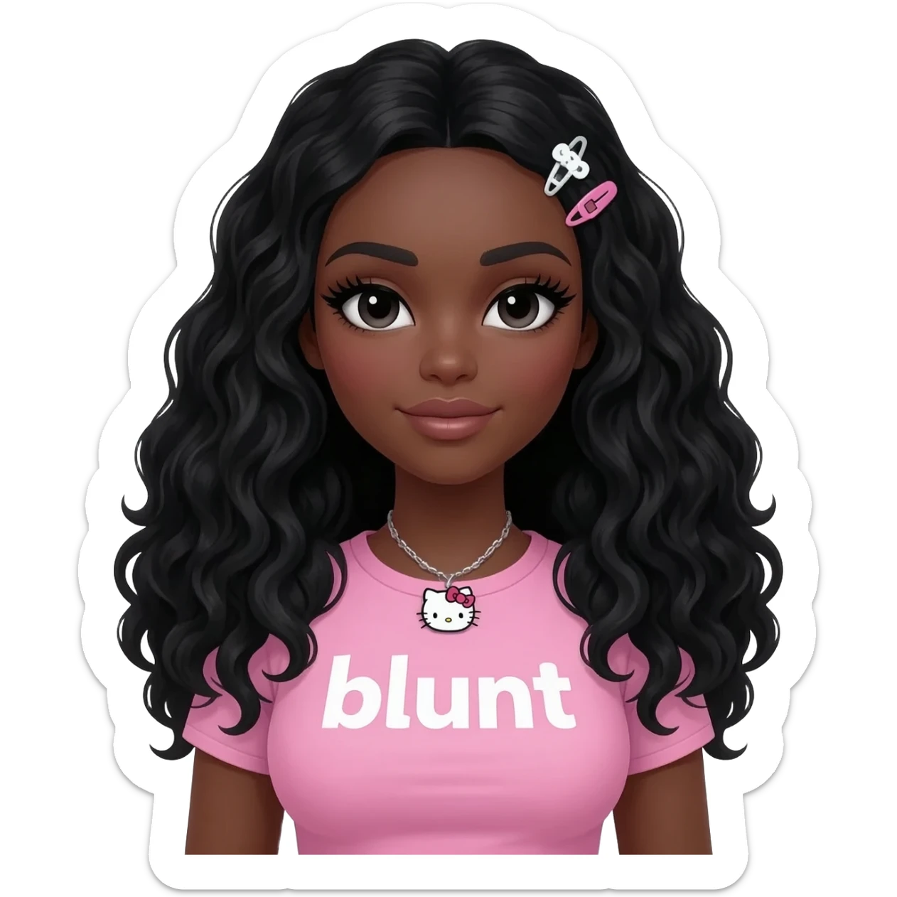 Long giant lashes, my melody hairclip, Doll faced shaped, hello kitty necklace, bimbo, black doll eyes, barbie, dark brown skin with long curly black hair, light pink bimbo shirt says "blunt" , big breast sticker