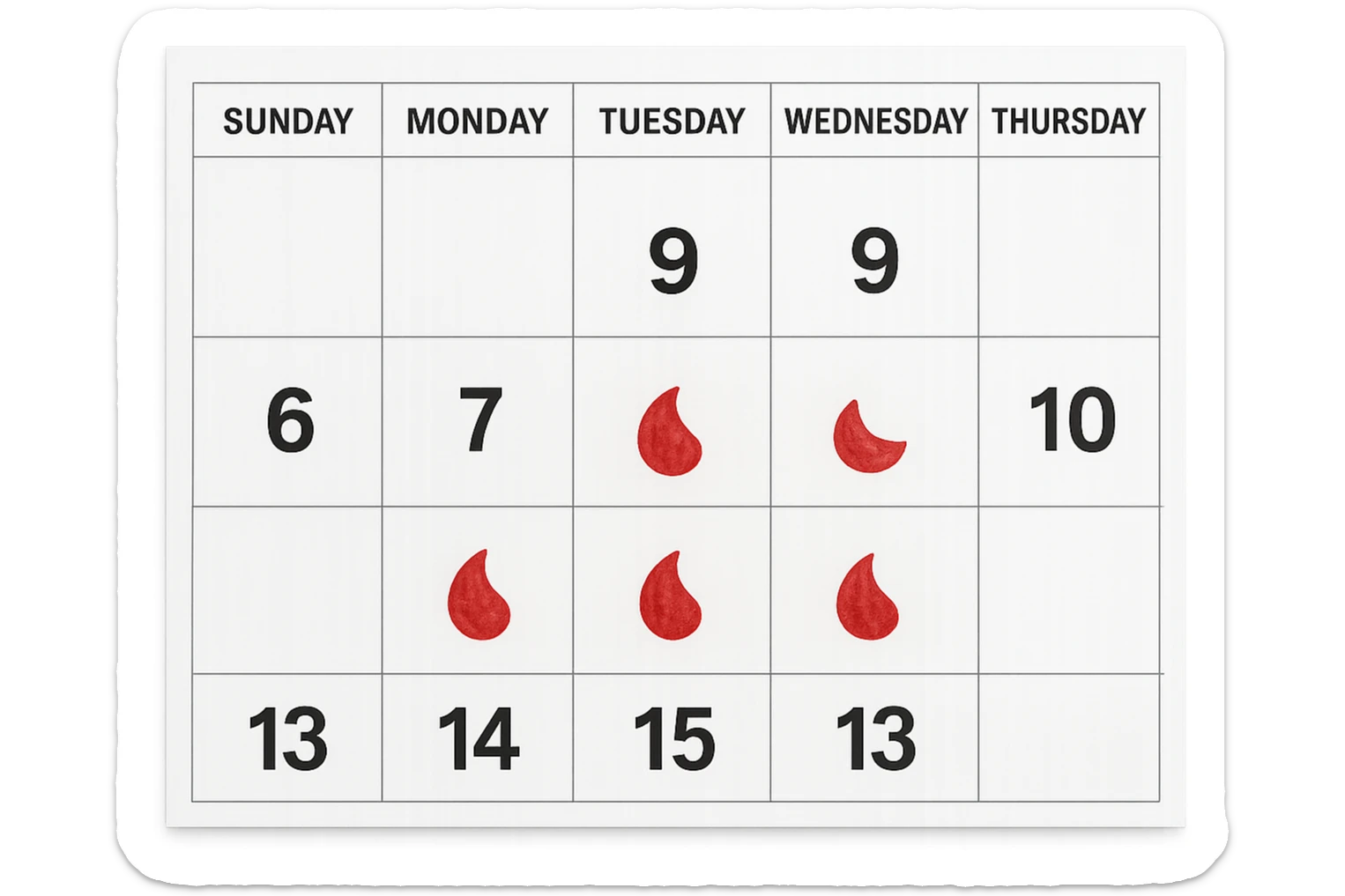 calendario realistico con 5 giorni di fila segnati per il ciclo sticker