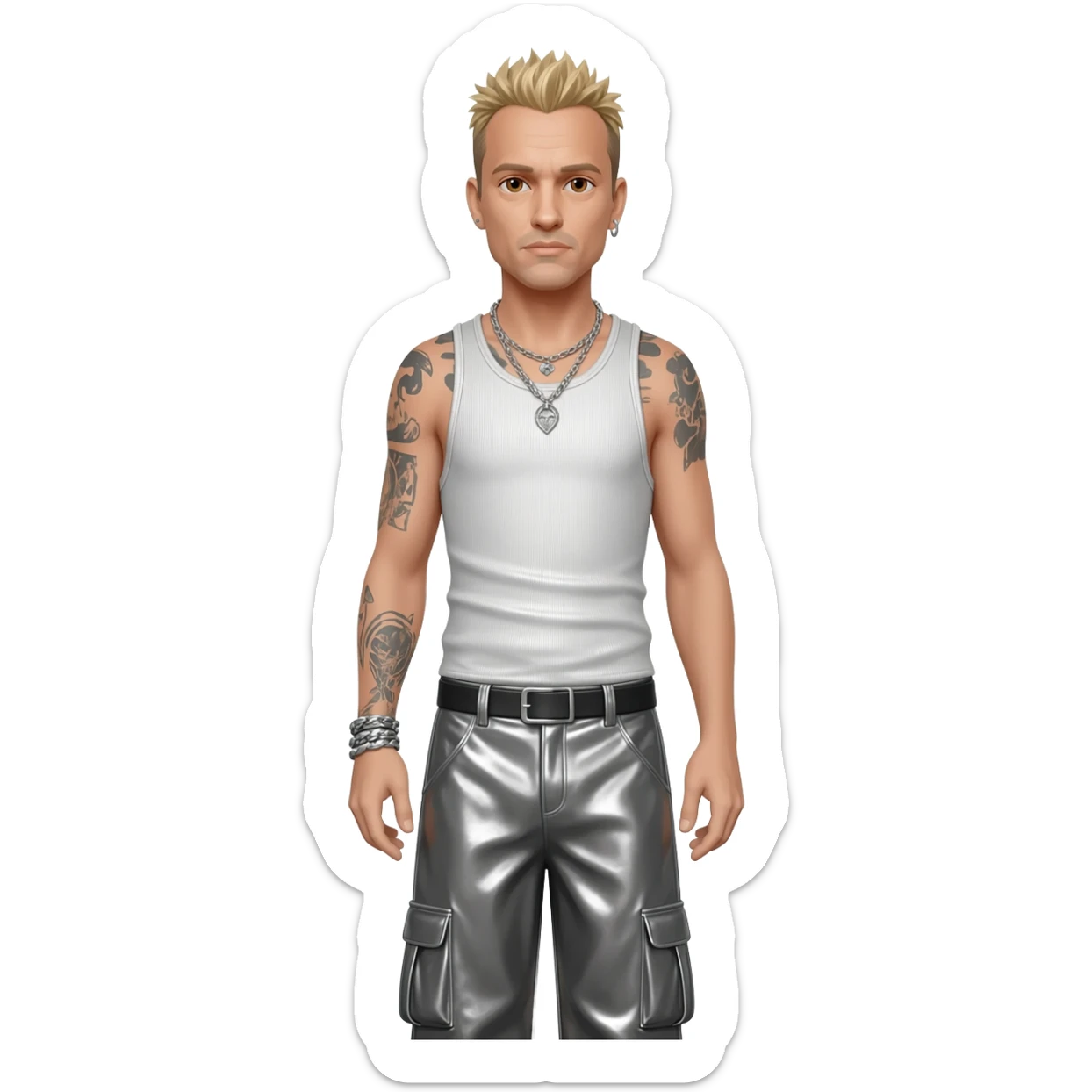 Chester Bennington with brown eyes, blonde hair, white metallic tank top, gray metallic baggy pants, silver necklace sticker