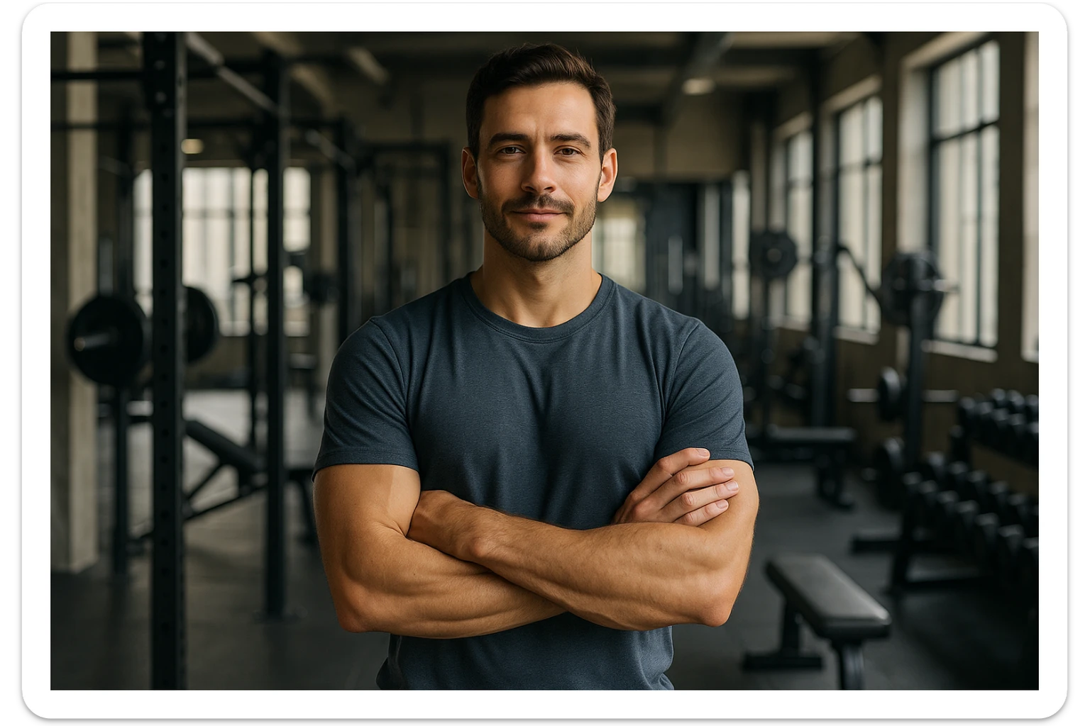 uomo sicuro di sè a braccia conserte, ben allenato e sereno, sullo sfondo una palestra sticker