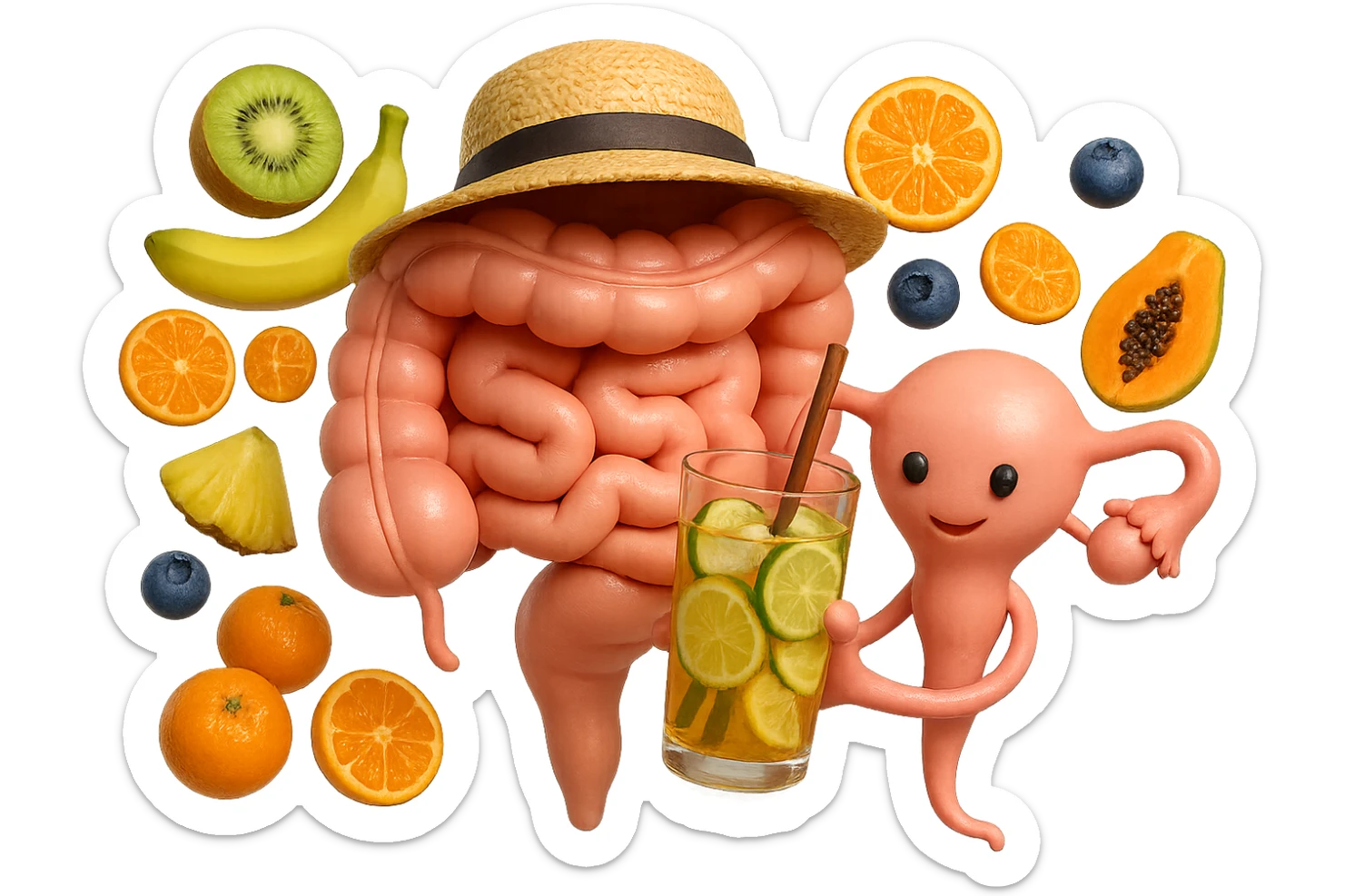 EMOJI STILE IPHONE DI INTESTINO E UTERO UMANI REALISTICI CON CAPPELLO DI PAGLIA DA SPIAGGIA CHE BEVE UN Tè FREDDO IN BICCHIERE DI VETRO CON DENTRO  fette di cetriolo, limone, lime, DIETRO L'INTESTINO FLUTTUANO PEZZETTI DI Kiwi
Banana acerba
Arance e mandarini
Mirtilli
Ananas
Papaya
IPERREALISTICO 4K sticker