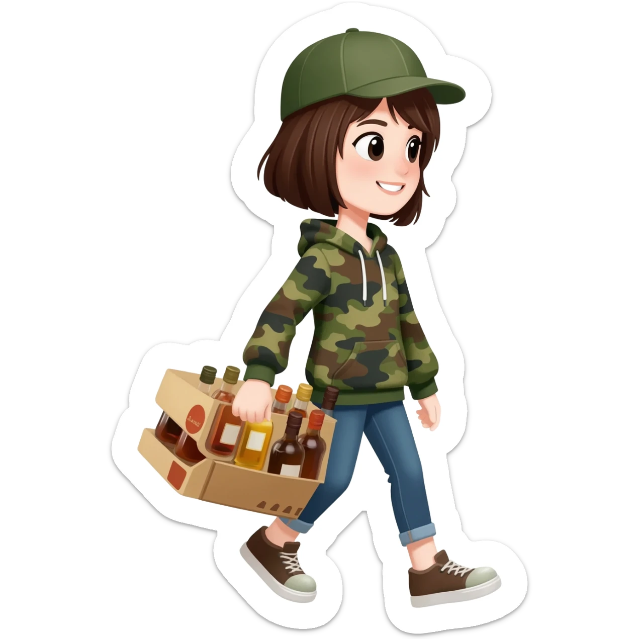 A girl with short hair wearing a hat and a camo hoodie carrying a box of liquor bottles sticker