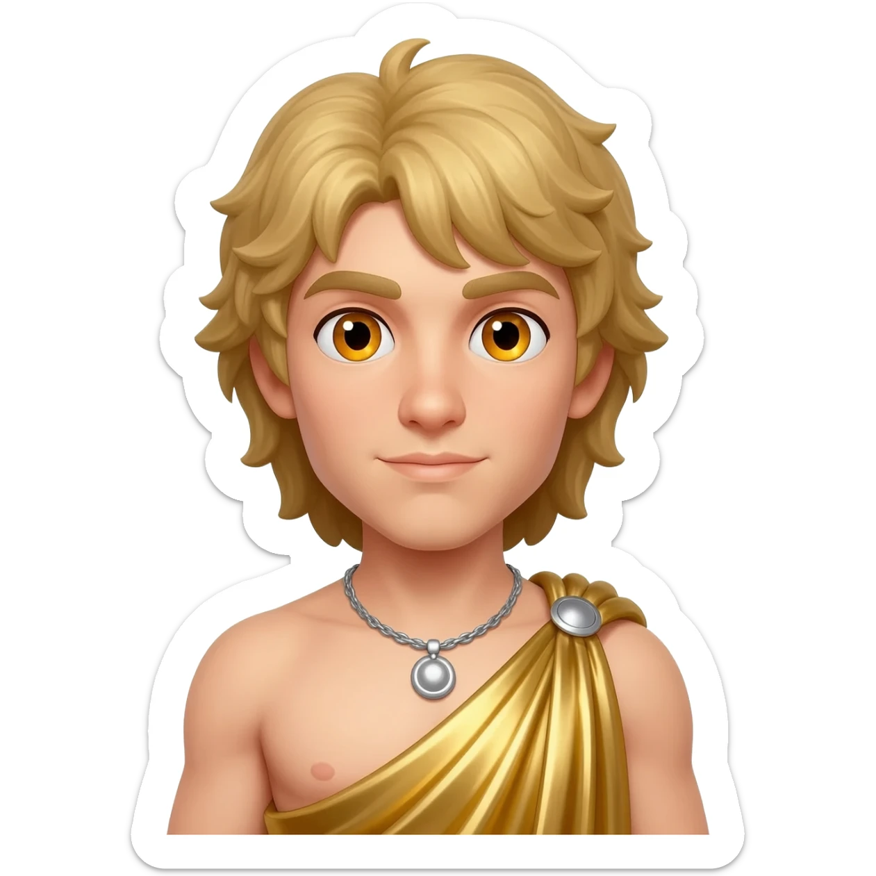 Apollo from Greek Mythology with amber eyes, long blonde hair, gold metallic toga, silver necklace sticker