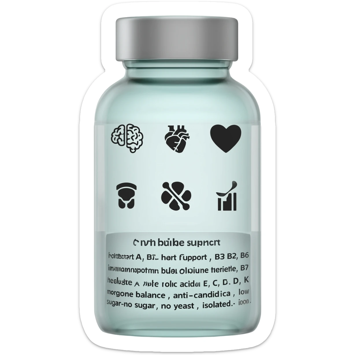 brain support, heart support,immune support.bone strengthhormone balance, female hormone, balance male,Anti candida,low sugar/no sugar vitamins (write Vit  A, B1, B2, B3, B6, B7, B12, FOLATE AND FOLIC ACID, C, D, E AND K )  IronMagnesium no yeast Anti inflammation sticker