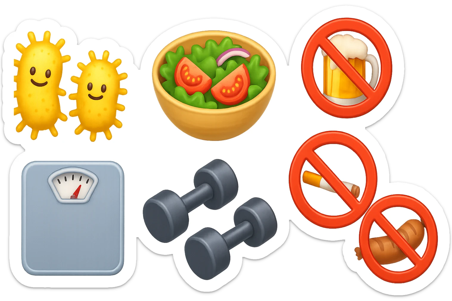 emoji stile iphone di: due batteri intestinali felici, una bowl di insalata, una bilancia pesapersone, manubri da palestra, e un boccale di birra con divieto 3d sopra, una sigaretta con divieto 3d sopra e un wurstel con divieto 3d sopra, fluttuano in aria, iperrealistico 4k sticker