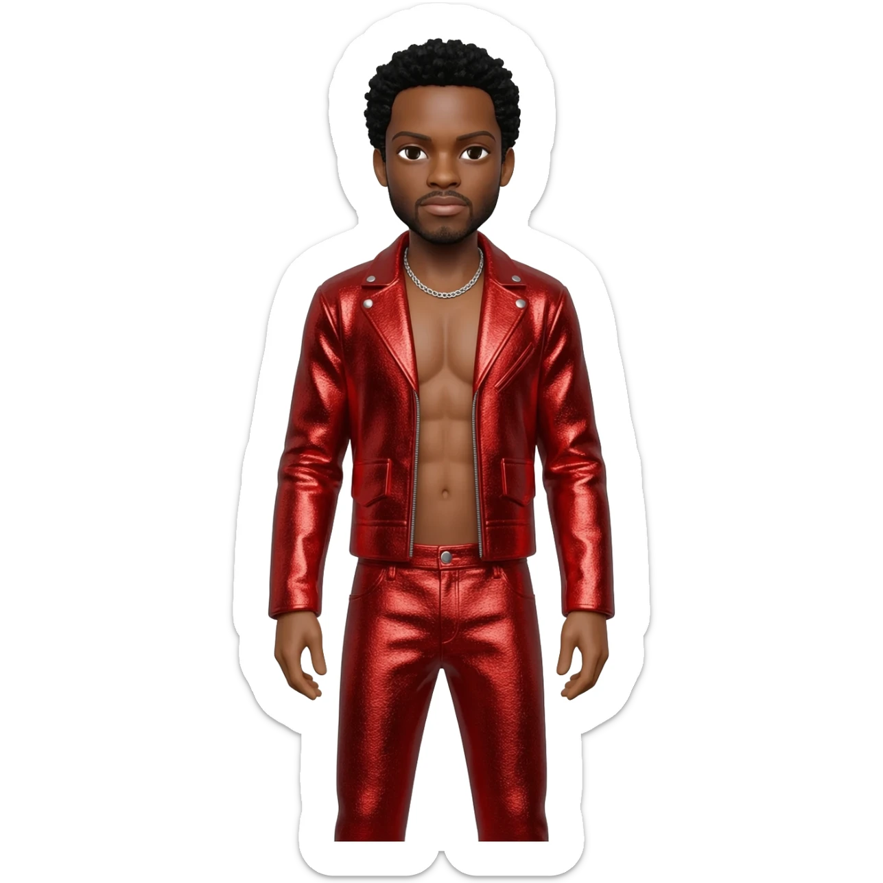Bobby Brown with black hair, red metallic jacket, red metallic baggy pants, shirtless with necklace sticker