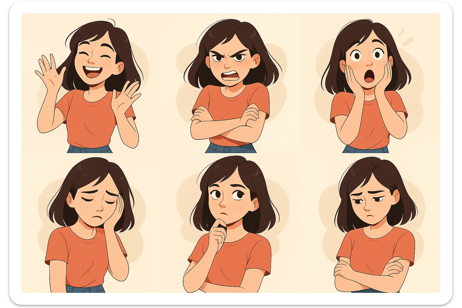 a pale, brunette girl acting, in a variety of expressive poses, modern illustration style sticker
