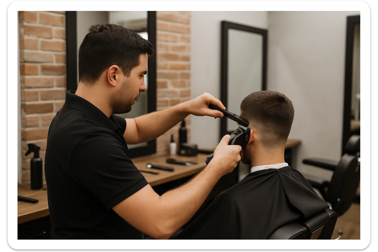 yuzi ko'rinmasin sartaroshxonada ishlayotganini tasvirlab ber sticker