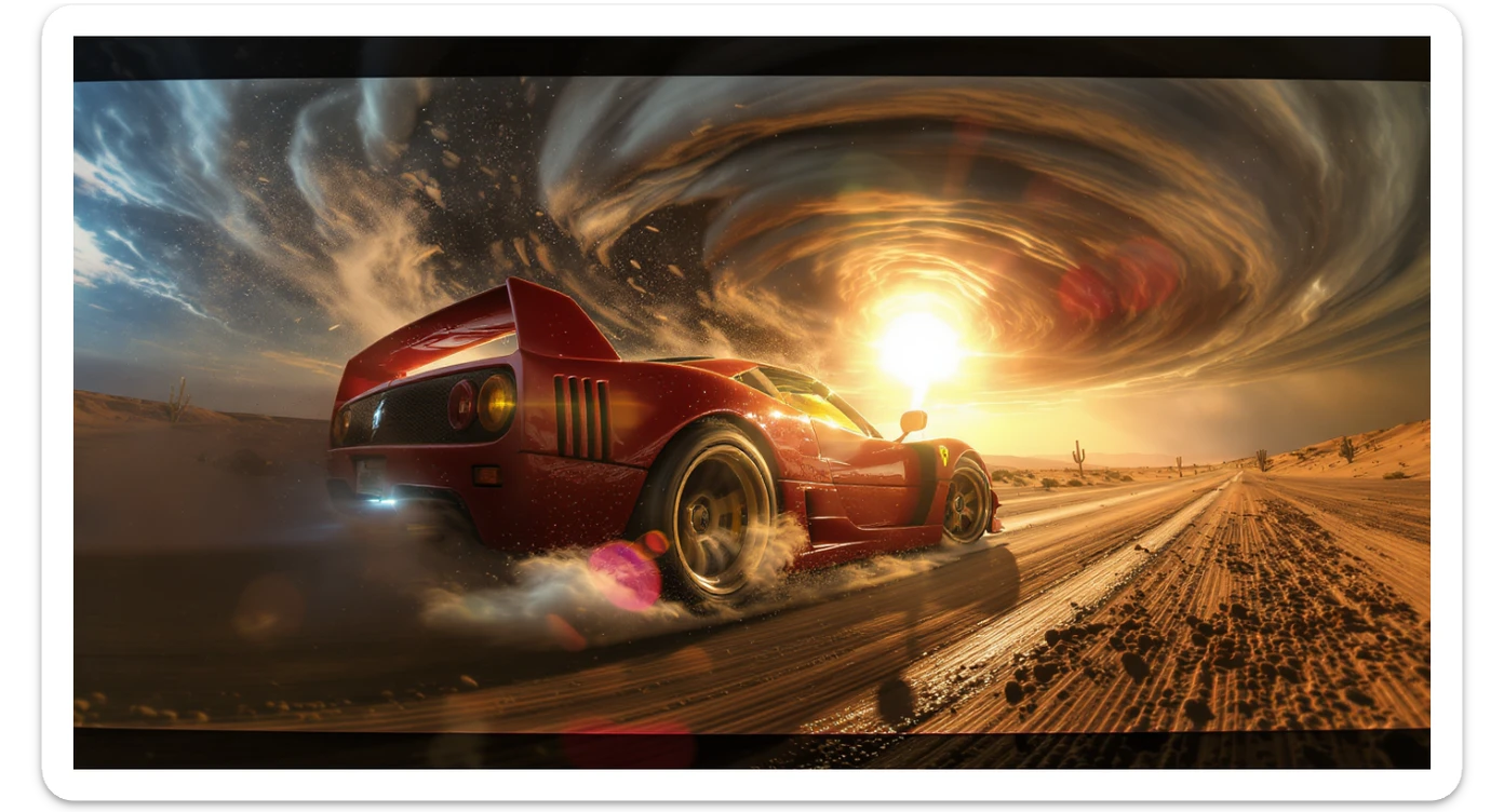 Cinematic still of a ferrari f40 around tornado od arizona desert, sun flare, captured by gopro hero with effect fisheye, water drops on car body, detailed, inspired by interstellar look, captured by a arri alexa sticker