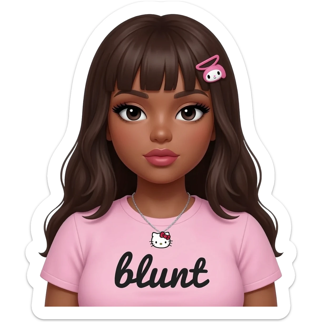 Long lashes, my melody hairclip, Doll faced shaped, hello kitty necklace, bimbo, black doll eyes, Big lips barbie, long dark brown skin with dark brown hair, light pink bimbo shirt says "blunt" , big breast sticker
