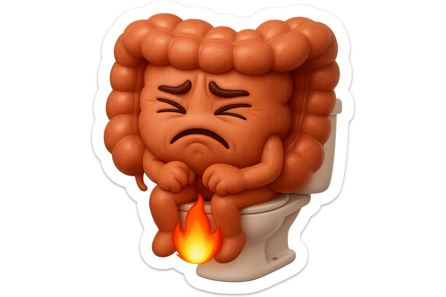 SU QUESTO STILE FAI UN EMOJI STILE IPHONE 3D DI UN INTESTINO CHE sta seduto sul wc e dal wc in mezzo alle sue gambe esce una fiamma stile emoji iphone, FAGLI UN ESPRESSIONE di dolore mentre si sforza E FALLO MOLTO REALISTICO IN 3D sticker