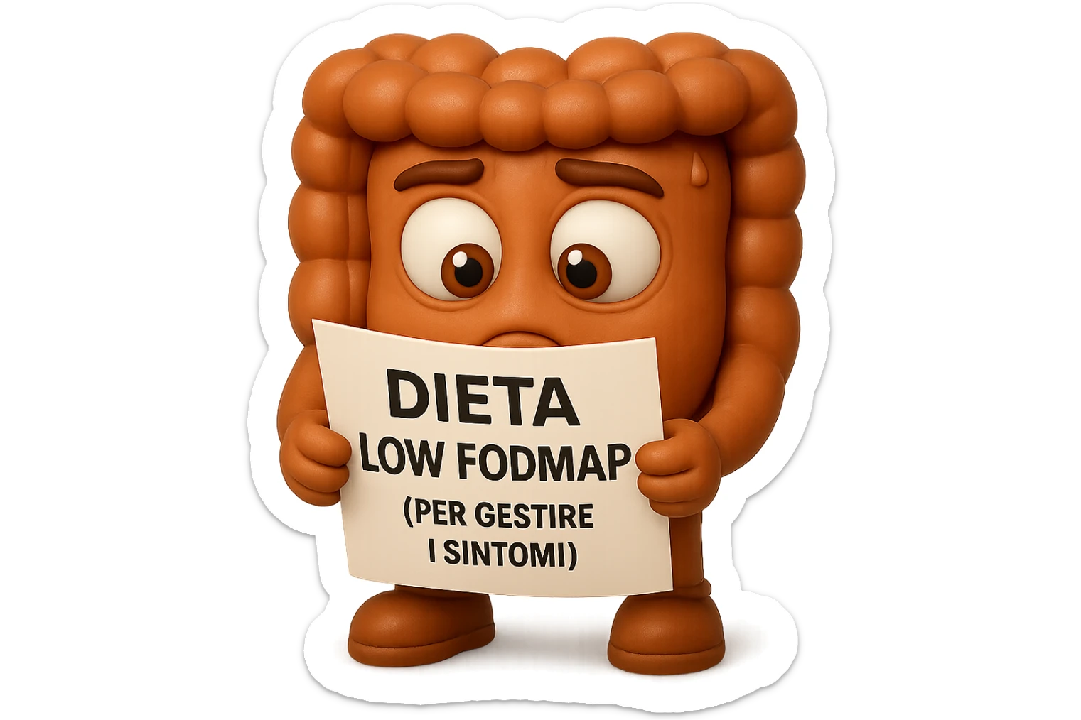 EMOJI STILE IPHONE DI UN INTESTINO UMANO ANATOMICO CHE GUARDA UN FOGLIO CON LA SCRITTA "DIETA LOW FODMAP (PER GESTIRE I SINTOMI)", FAGLI ANCHE LA PARTE BIANCA DEGLI OCCHI, NON SOLO LE PUPILLE, IPERREALISTICO 4K sticker