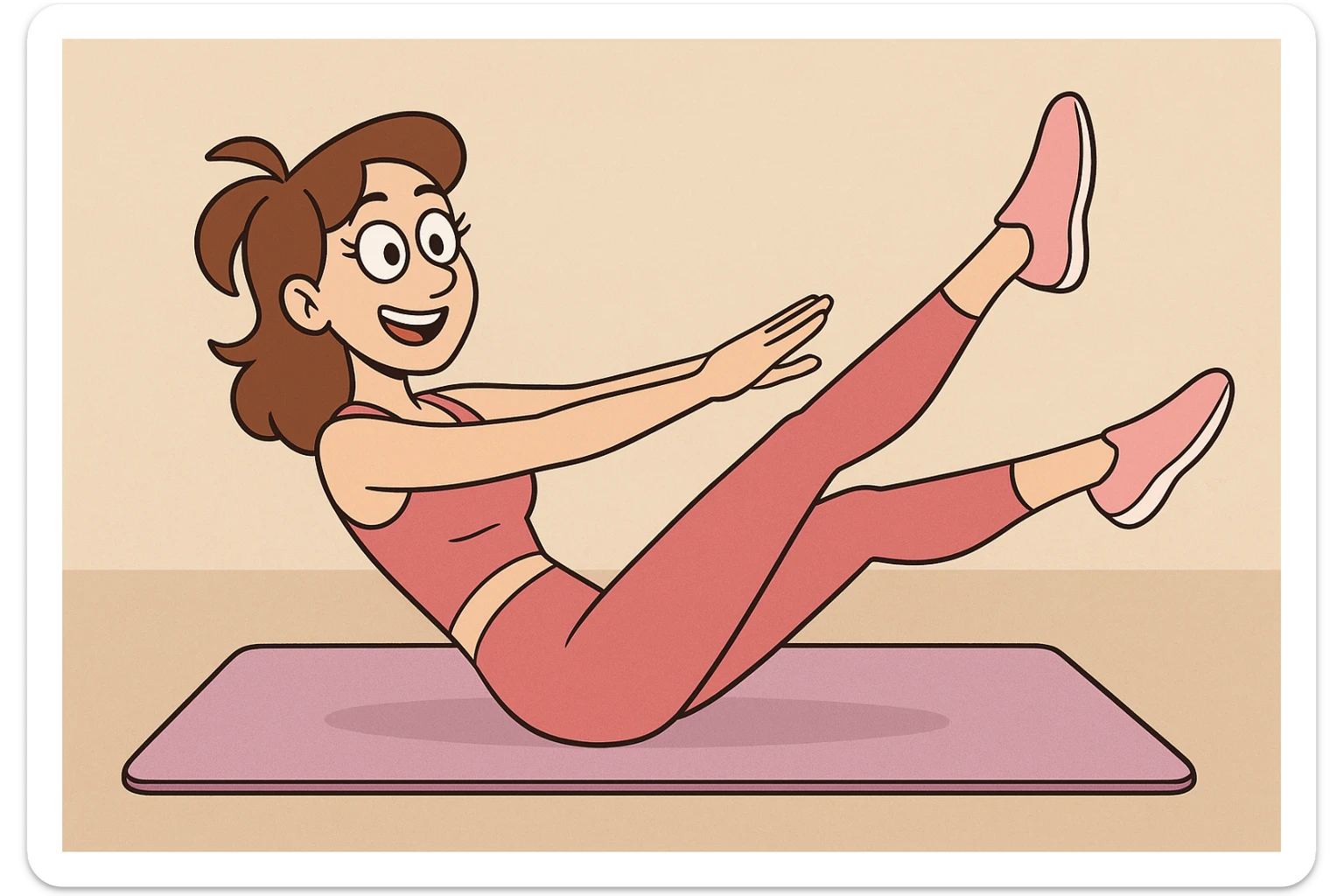 white woman with brown hair, pilates workout, pink athletic outfit, cheerful and active sticker