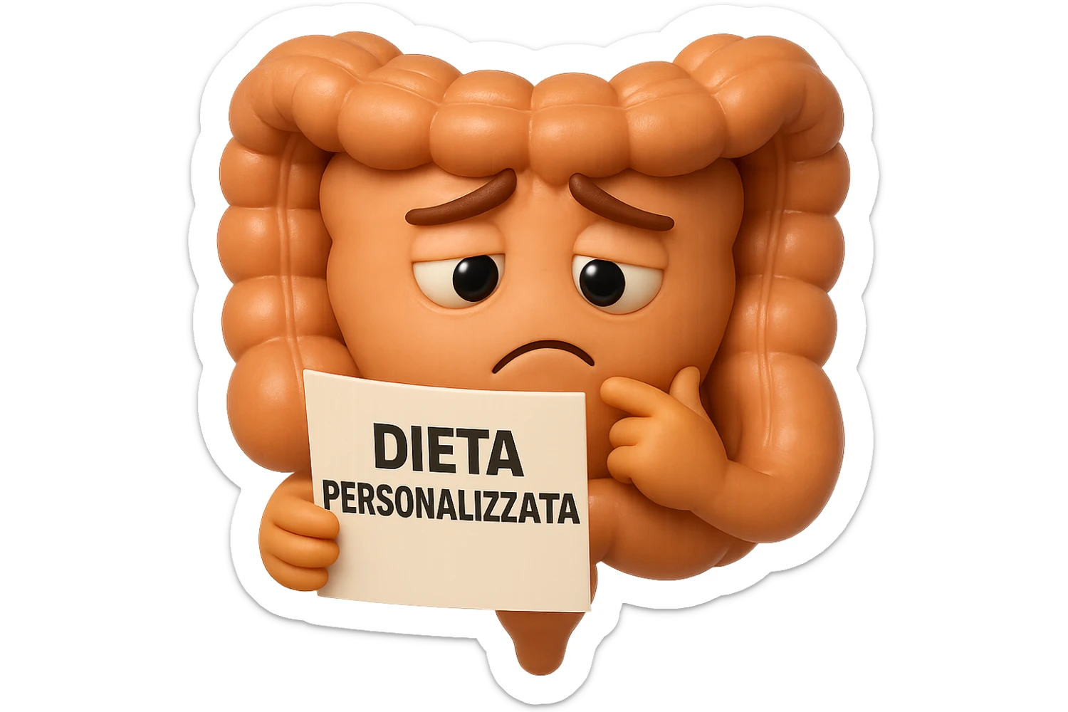 emoji stile iphone 3d di un intestino con mal di pancia che legge un foglio con la scritta "DIETA PERSONALIZZATA", ESPRESSIONE PENSIEROSA, iperrealistico 4k sticker