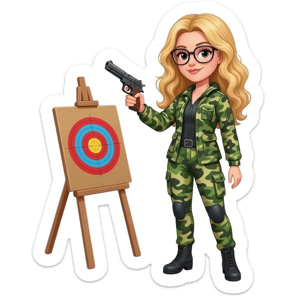 Target practice Right to bear arms Green hunting woman with glasses and long blonde curly hair carrying a pistol sticker