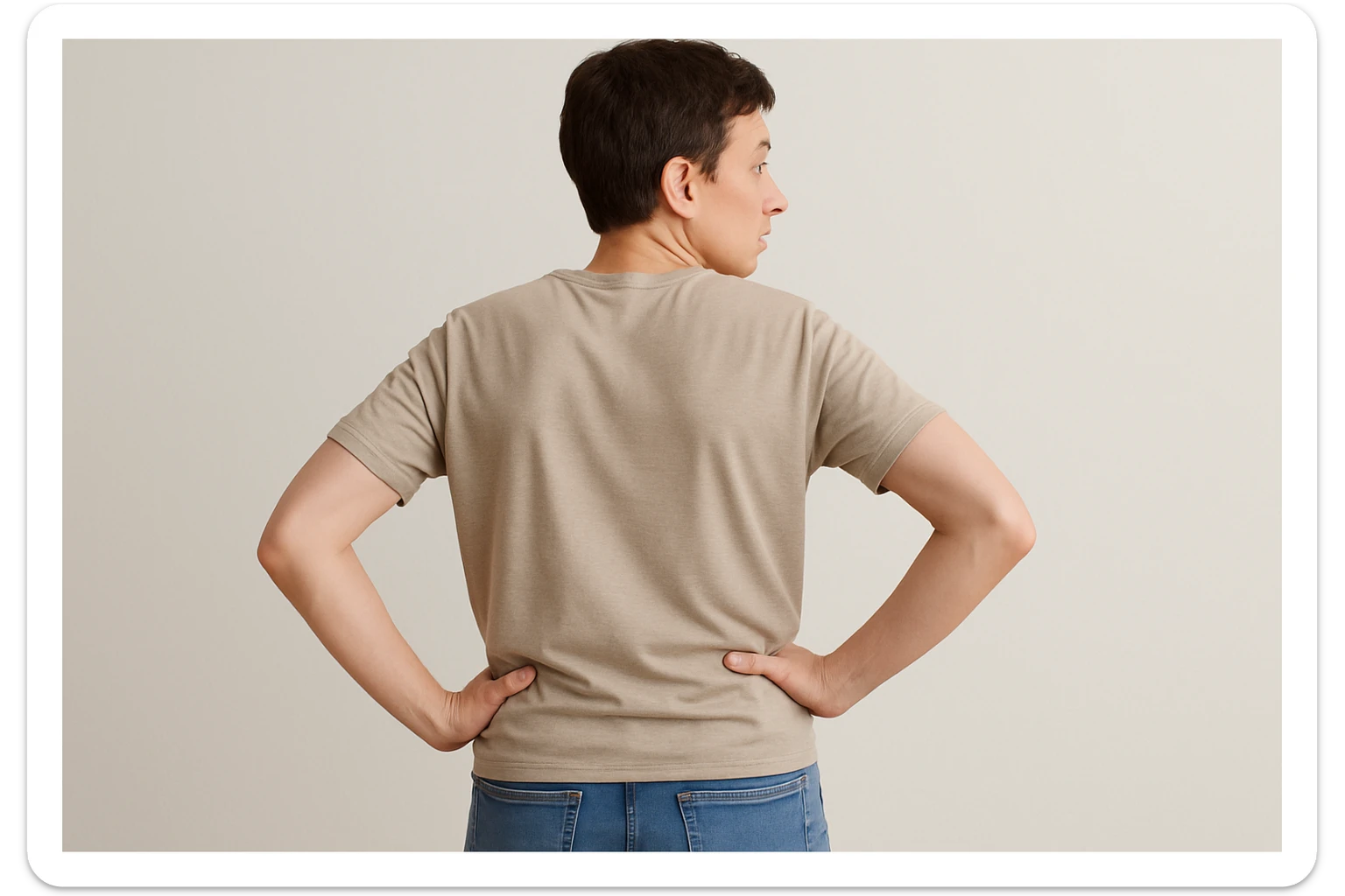 Rakurs orqadan oldiga qarab turgan inson qo'lini beliga qo'yib turgan sticker