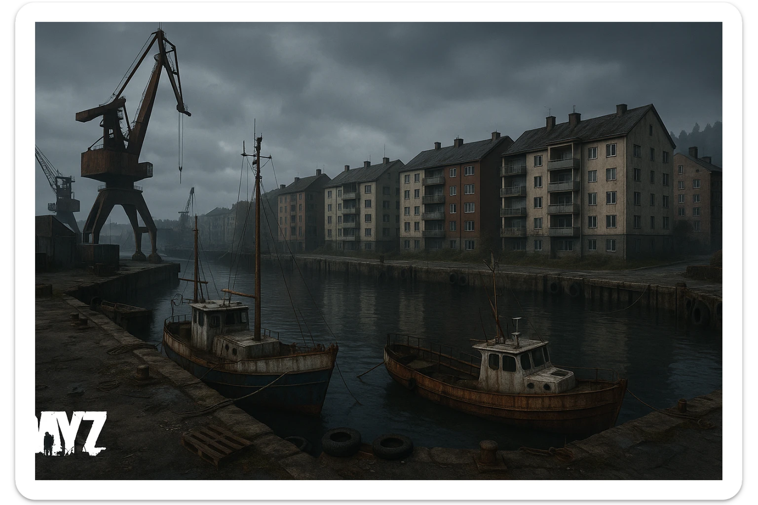 a screenshot of the game DayZ videogame, the harbor in a Norwegian port town, apartment blocks sticker