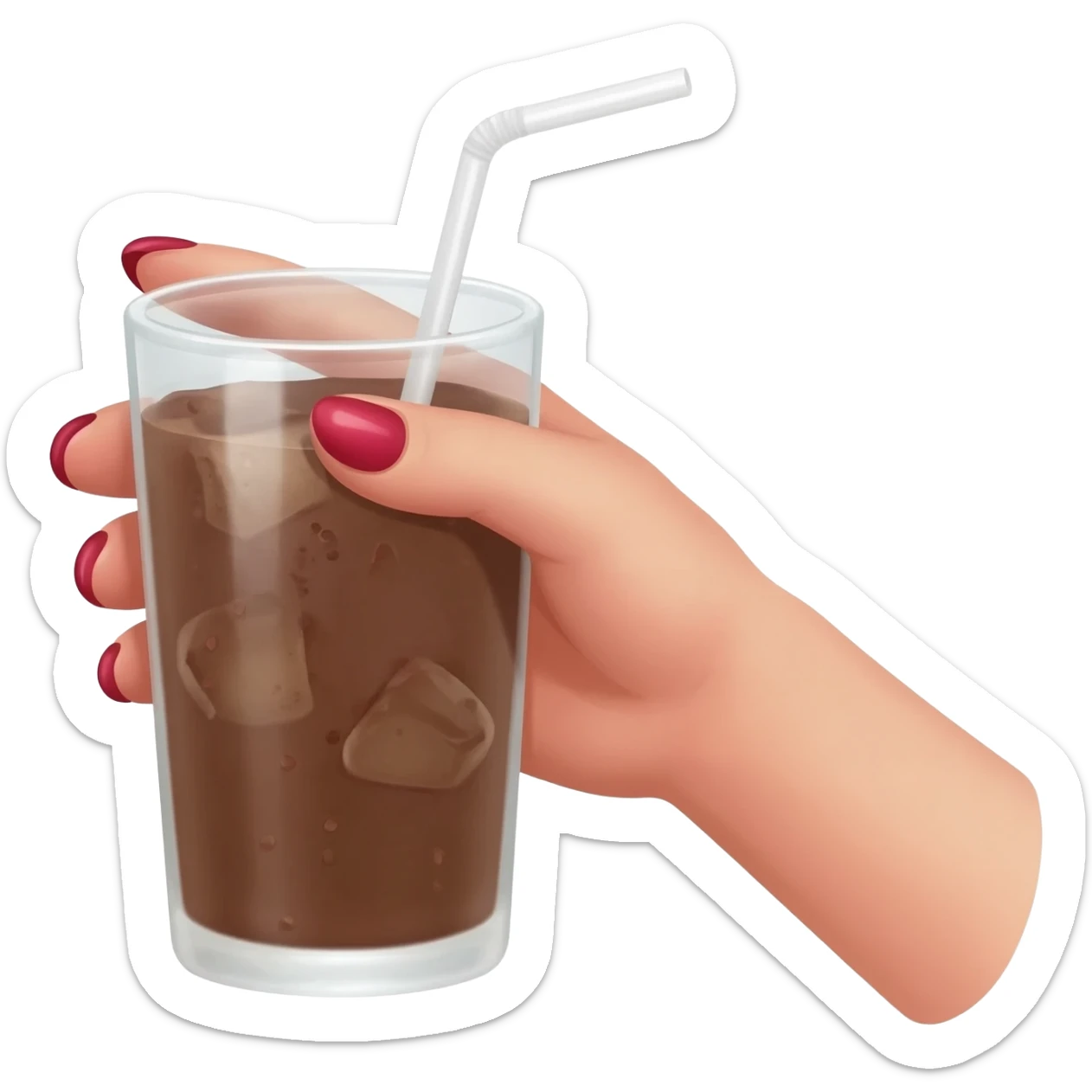 chocolat froid dans un grand verre avec une paille tenue par le bout d'une jolie main de femme avec une belle manucure Style Pinterest réaliste Avec une bordure blanche rendu ultra réaliste sticker
