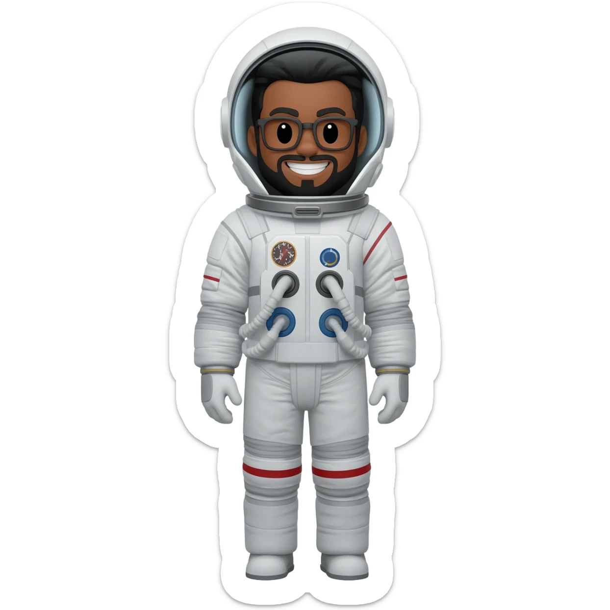 astronaut walking space brown skin, black eyes, glasses and beard smiling black hair show body sticker