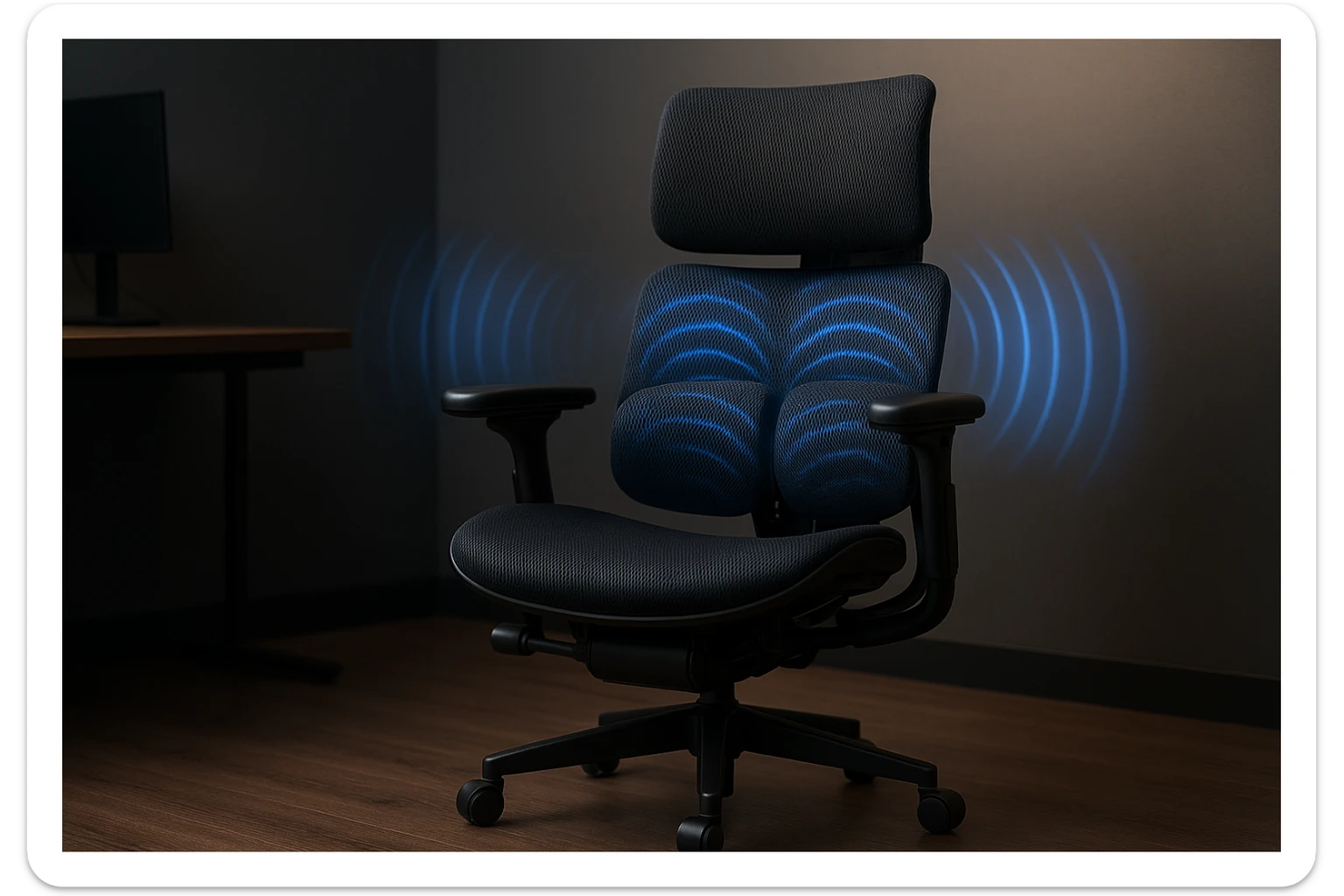 ergonomic office chair, reduces fatigue and muscle tension, modern workspace, soft light, realistic photo sticker