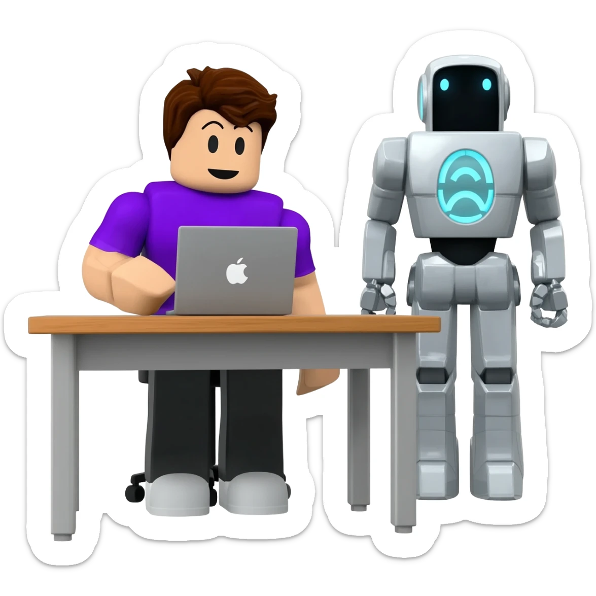 Genera un personaje de roblox de cuerpo completo sentado en un escritorio con una laptop con una playera color morado, pelo cafe y un robot al lado de el sticker