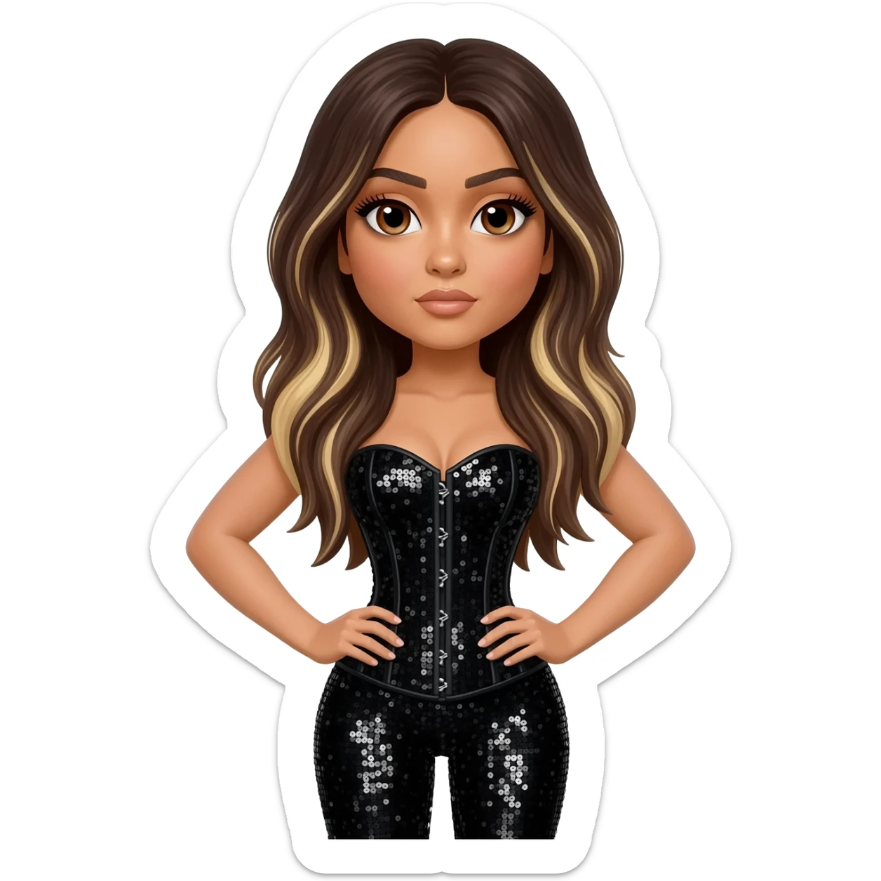 Jade Thirlwall with brown eyes, long dark brown hair with light blonde highlights, black sequin corset, black sequin leggings sticker