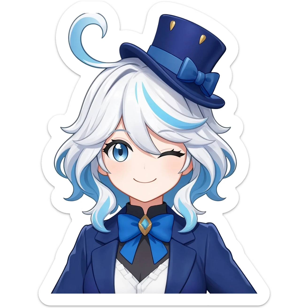 Furina de Fontaine from Genshin Impact; Beautiful gorgeous anime lady with white wavy hair with thin blue stripes, blue eyes, blue short top hat with a blue bow tie, smug smile, laughing, happy, blue coat, blue cravat, white gloves sticker