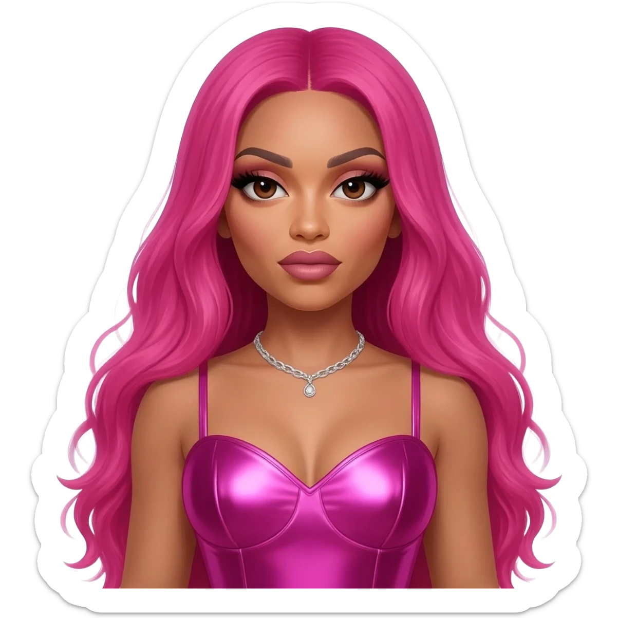 Nicki Minaj with dark brown eyes, long hot pink hair, hot pink metallic sweetheart dress, silver necklace sticker