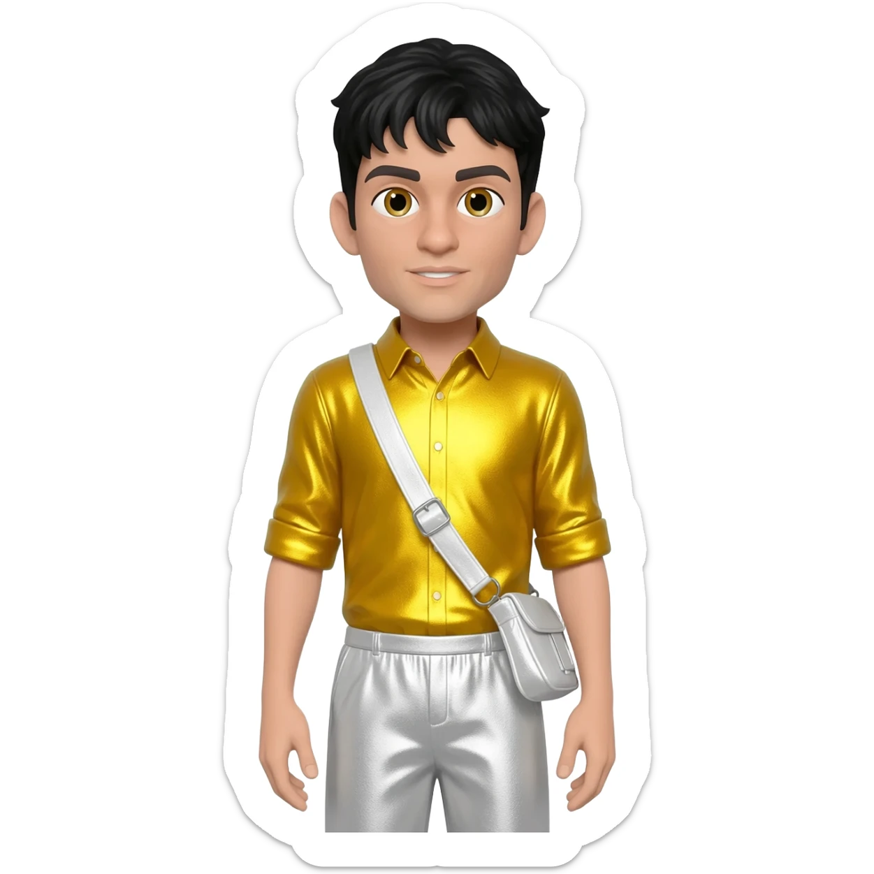 Greg Page from The Wiggles with hazel eyes, black hair, yellow metallic shirt, white metallic baggy pants s sticker
