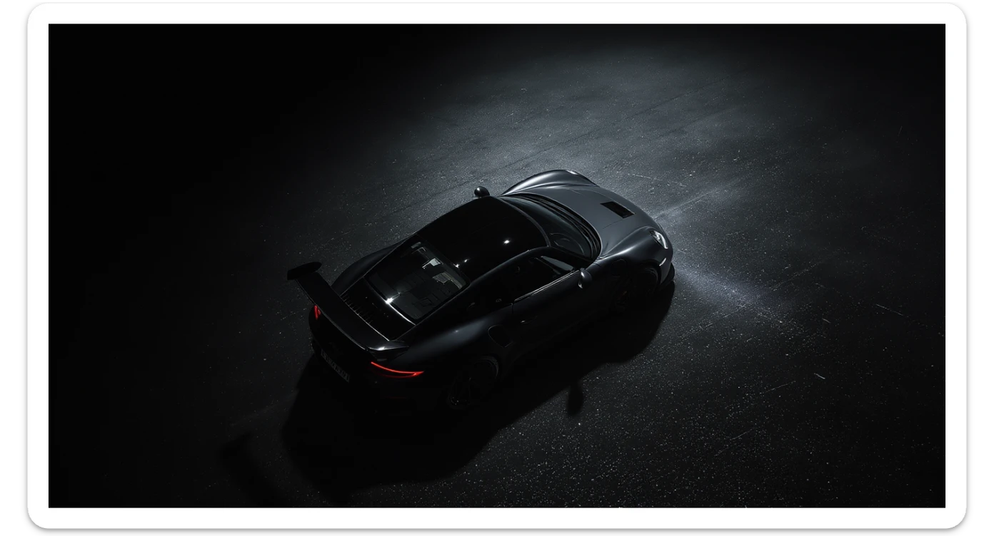 Editorial shot of a porsche 911 gt3 rs, top dutch angle, black voide around, top spotlight, captured on arri alexa sticker