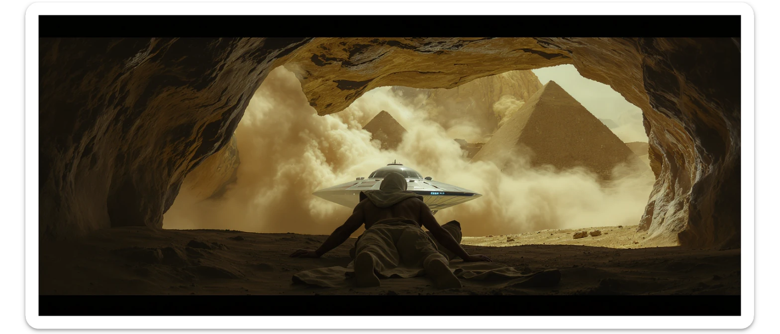 cinematic still, documentary photography, acient egypt, back shot of a man dress in ancient clothes in cave (frame in frame effect) on ground laying front of small ufo starship, sand flying around, palms, dynamic scane, leading lines, captured by arri alexa, depth layers, piramids in babckground sticker