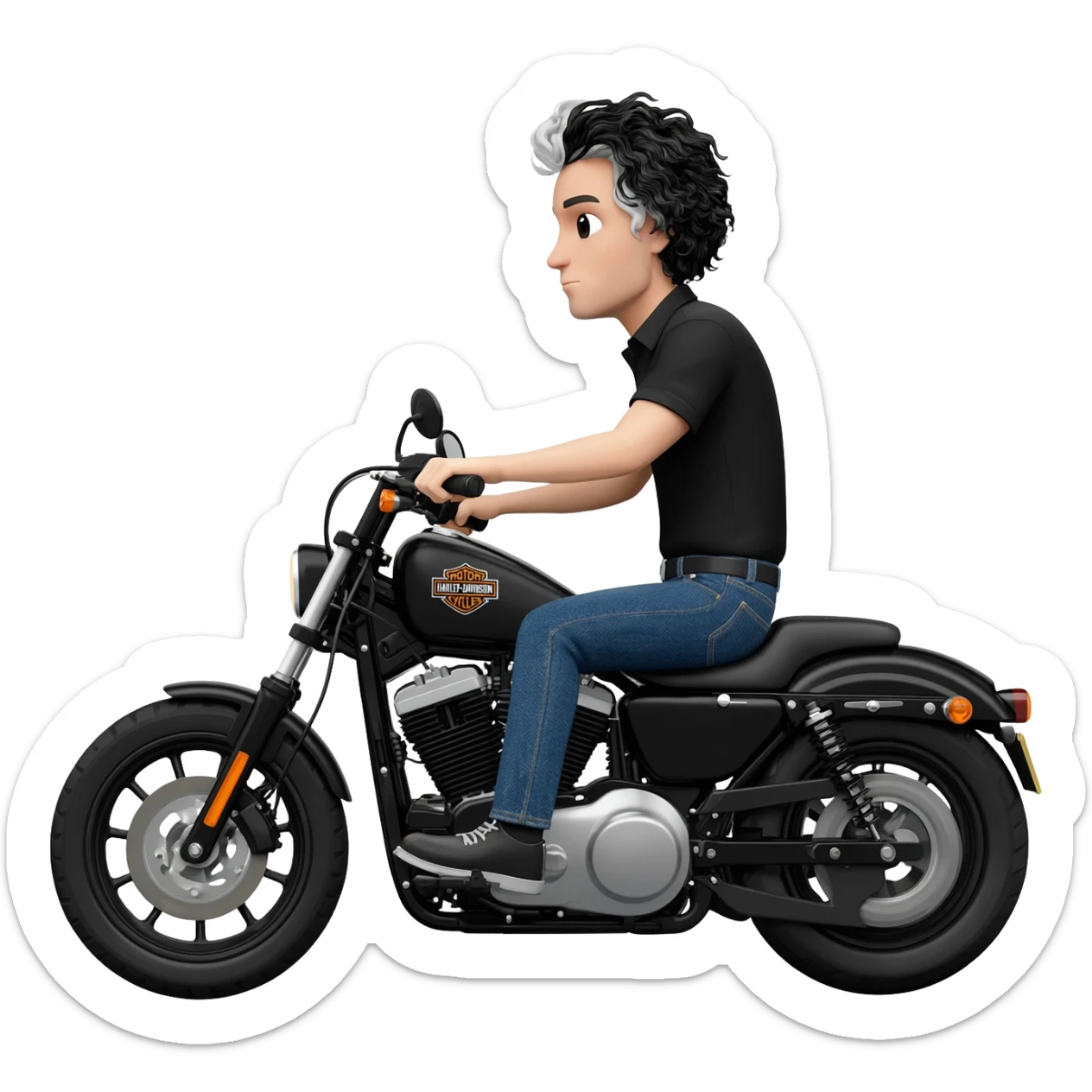 White guy with wavy black and white hair riding Harley Davidson in jeans and black shirt sticker