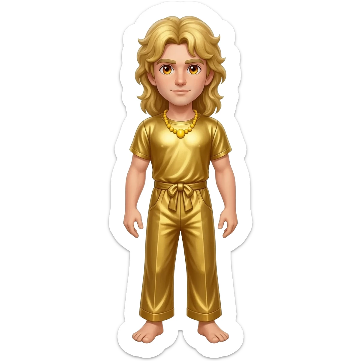 Apollo from Greek Mythology with amber eyes, long blonde hair, gold metallic shirt, gold metallic baggy pants, yellow necklace sticker