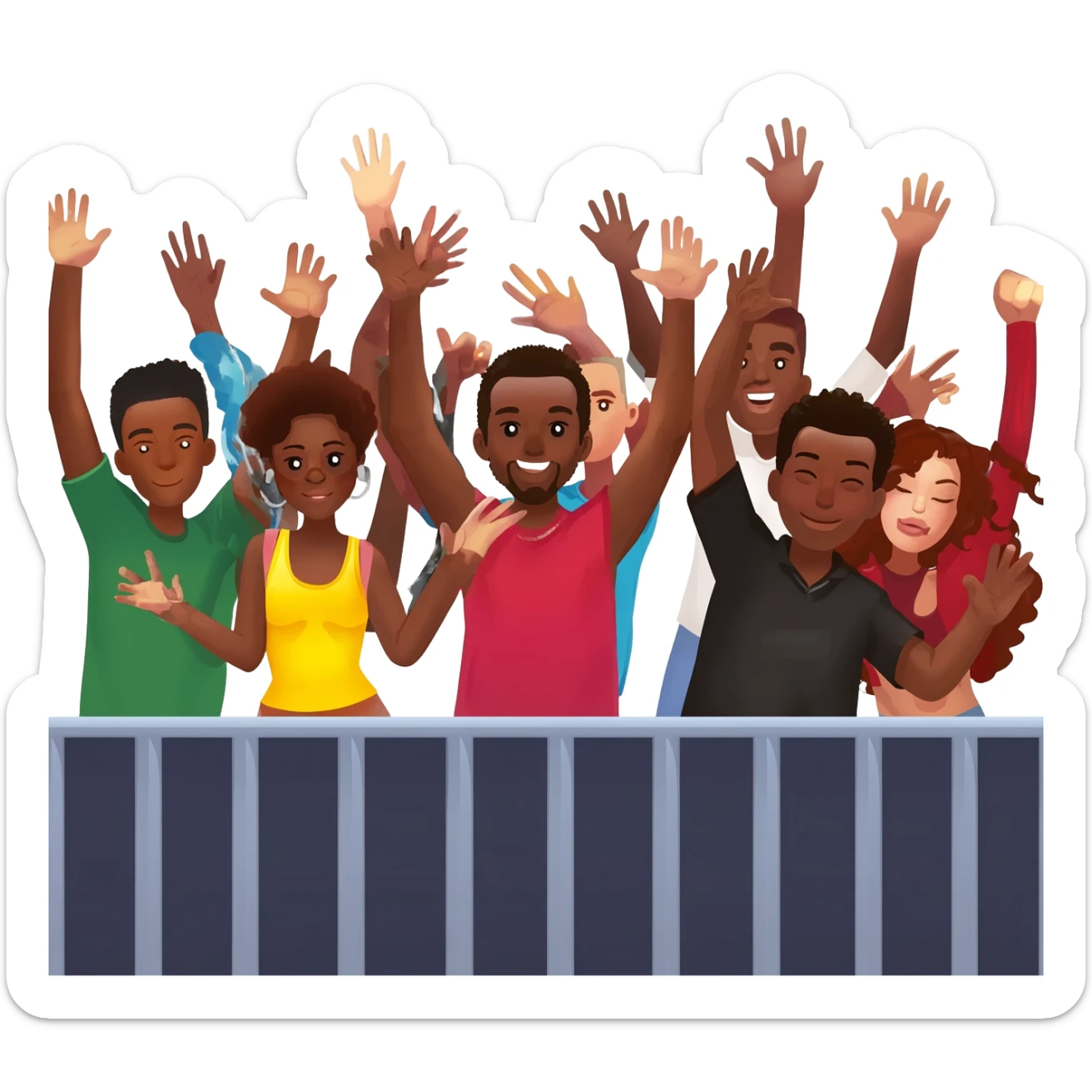 Group of African American men and women fans at hip hop concert with hands raised enjoying the music sticker