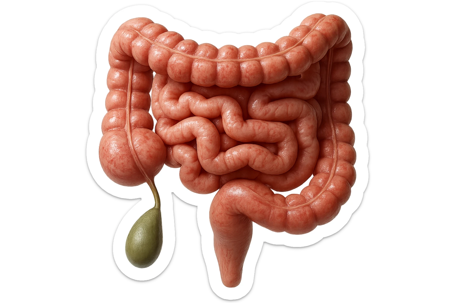 CISTIFELLEA E INTESTINO SONO COLLEGATI NEL DOLORE, SENZA SCRITTE E L'INTESTINO FALLO PERFETTO E REALISTICO, NON DISEGNATO iperrealistico 4k sticker