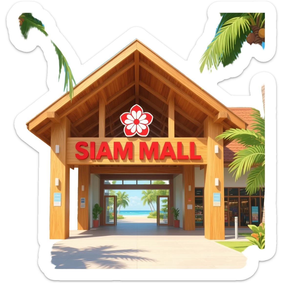 Open-air tropical shopping mall entrance with tall light-wood pillars, large triangular wooden roof structure, red and white flower logo above the entrance, ‘SIAM MALL’ sign in red letters, warm wood tones, sunny island atmosphere, clean simple emoji-style illustration. sticker