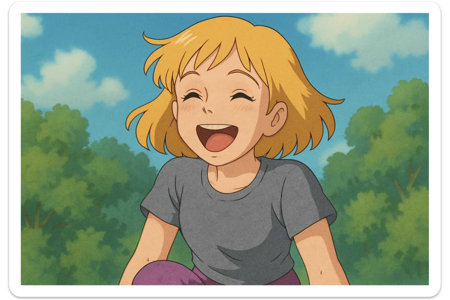 A girl yellow hair brown eyes grey Women's just t's short triblend t-shirt purple trousers laughing sticker