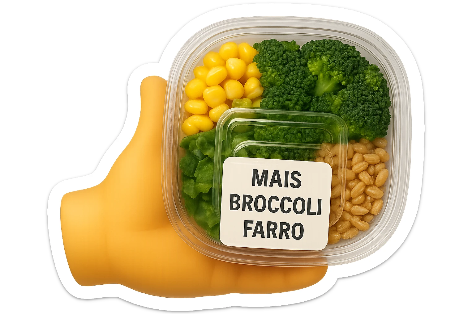 SU QUESTO STILE FAI UN EMOJI STILE IPHONE 3D DI UN INSALATA PRECONFEZIONATA DA SUPERMERCATO CON FOCUS SU ETICHETTA NUTRIZIONALE CON GLI INGREDIENTI IN ITALIANO TIPO: MAIS, BROCCOLI, FARRO, ACCANTO ALL'INSALATA CHE HA IN MANO C'è UN FOCUS SULL'ETICHETTA CON GLI INGREDIENTI SCRITTI, FALLO MOLTO REALISTICO IN 3D sticker