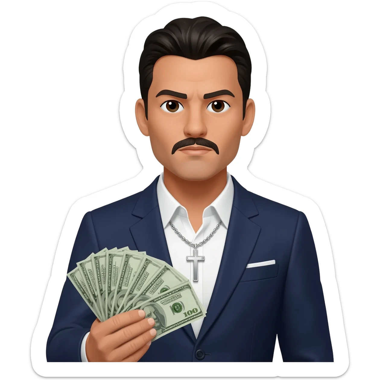 mexican in a suit with a cross necklace holding money sticker