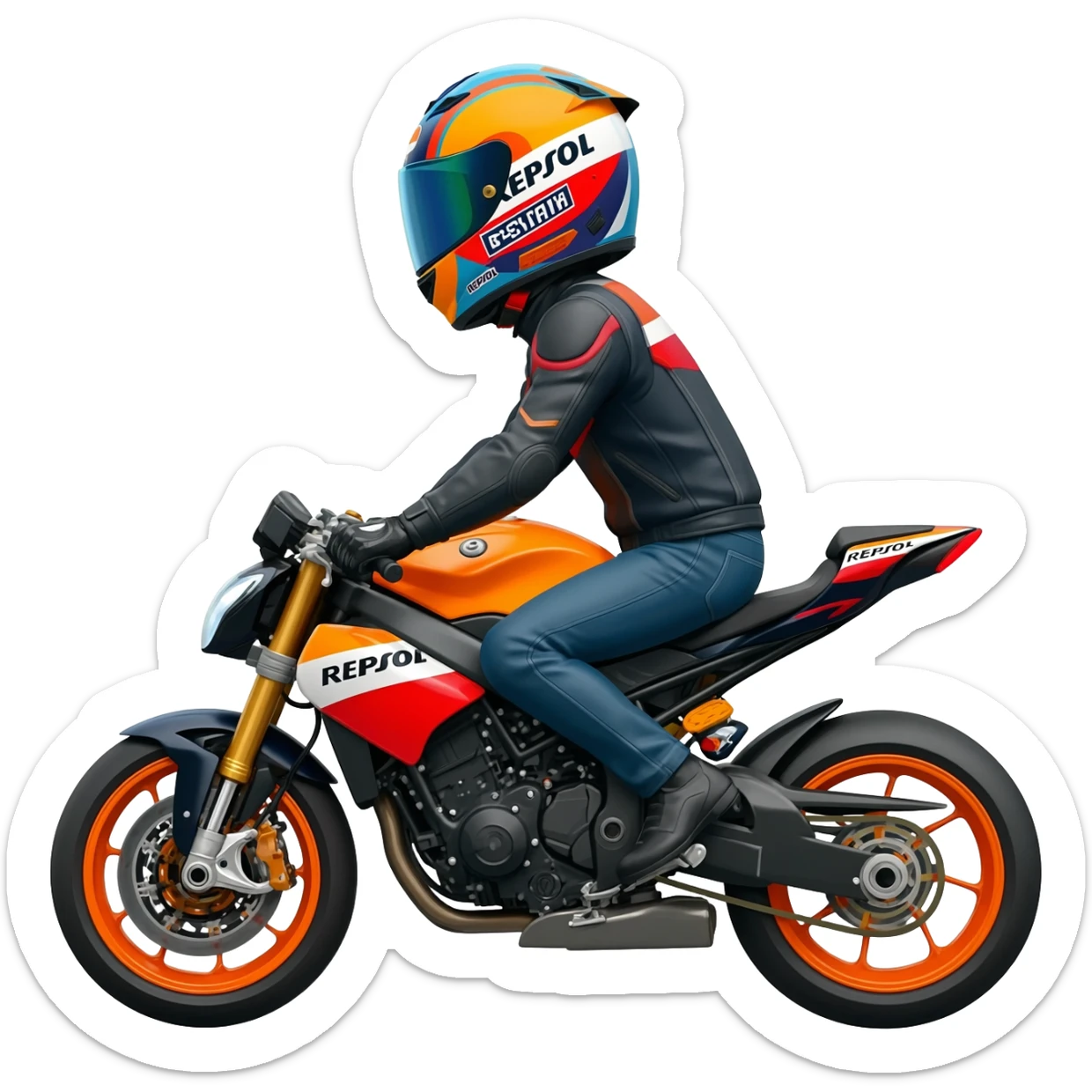Give me a man ride with repsol helmet and motorcycle sticker