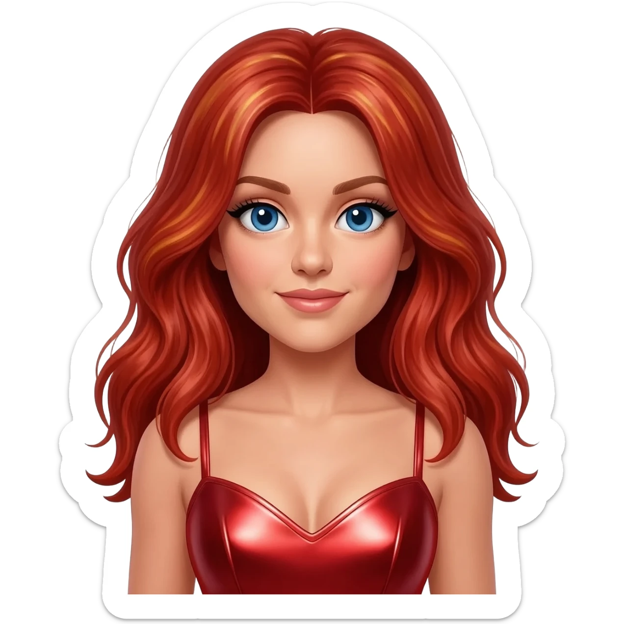 Ginger Spice from Spice Girls with blue eyes, long red hair with blonde highlights, red metallic sweetheart dress sticker