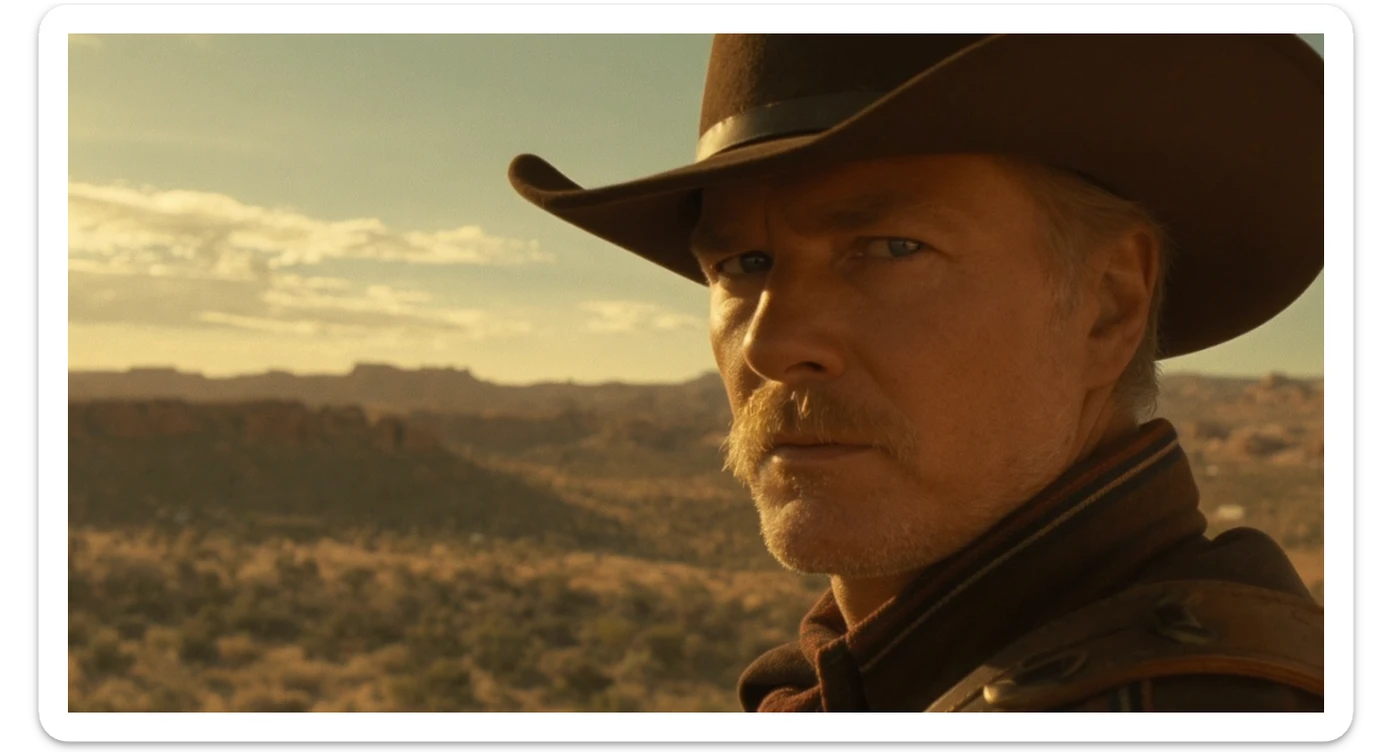 Cinematic , documentary photography, top angle medium shot, cowboy look eye brave, hard light golden hour, desert arizona, shot on IMAX Camera, 80s movie sticker