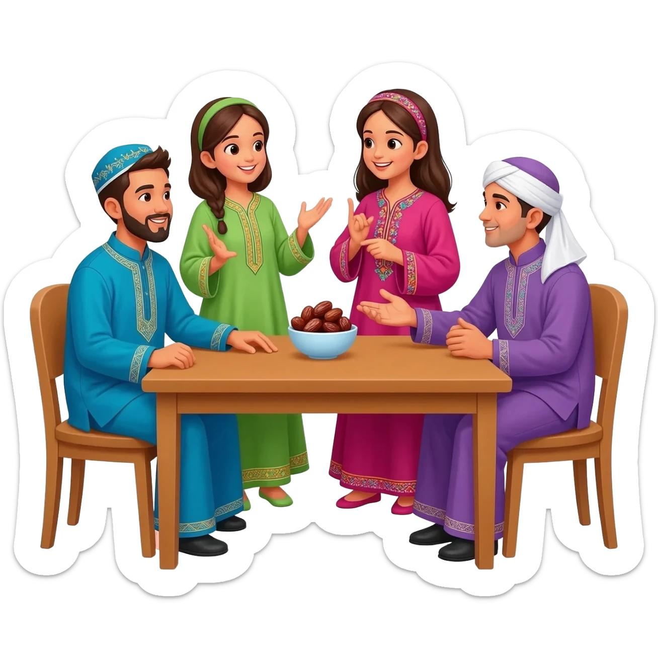 happy family islamic clothing sitting on table talking sticker