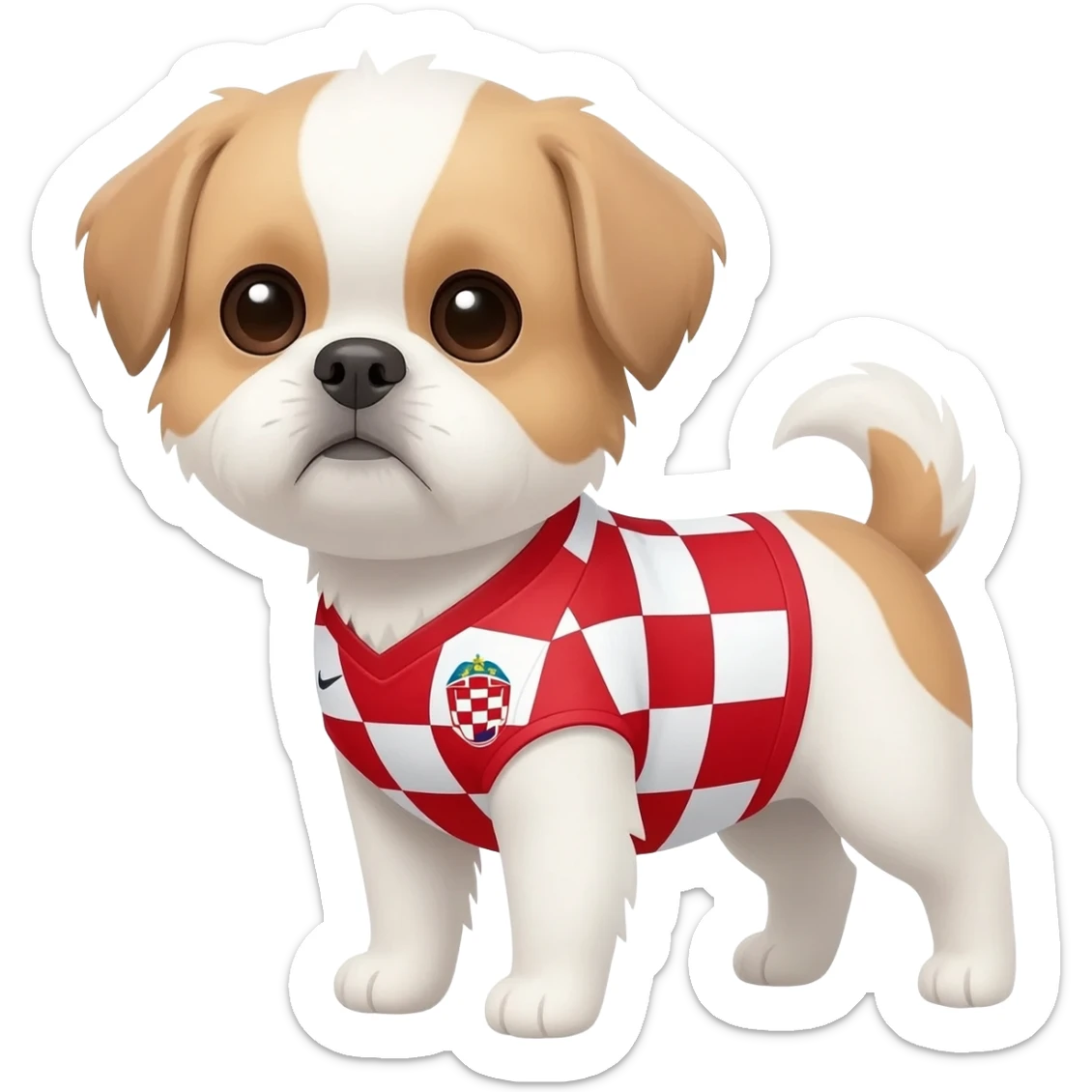 white and light brown shih zhu wearing a Croatia soccer jersey v neck 2026 work cup sticker