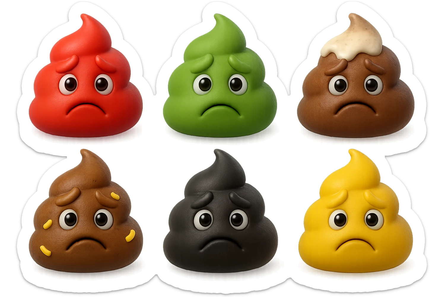 emoji stile iphone 3d di una cacca di colore rosso, una cacca di colore verde, una cacca di colore marrone con muco bianco visibile sopra,  una cacca di colore marrone con penne di pasta a pezzetti visibili all'interno di essa,  una cacca di colore nero e una cacca di colore giallo, tutte le cacche hanno un espressione triste, iperrealistiche 4k sticker