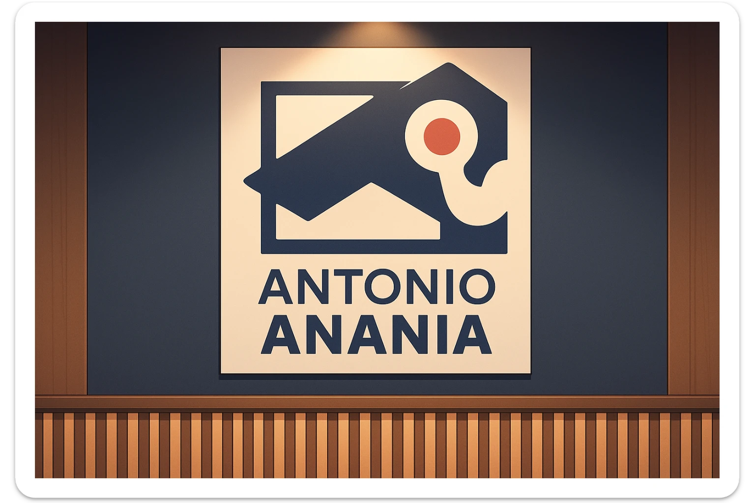 su questo stile fai un manga/webtoon a colori in cui mostri quella parete dietro dello studio con il suo logo e la scritta "ANTONIO ANANIA" SOTTO IL LOGO, LUCE CHE ILLUMINA IL LOGO sticker